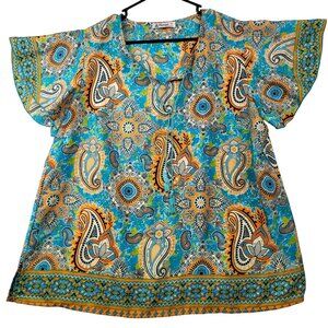 Lapogee Boho Paisley Print Tunic 3X Short Flutter Sleeve Blue/Orange Flowy India